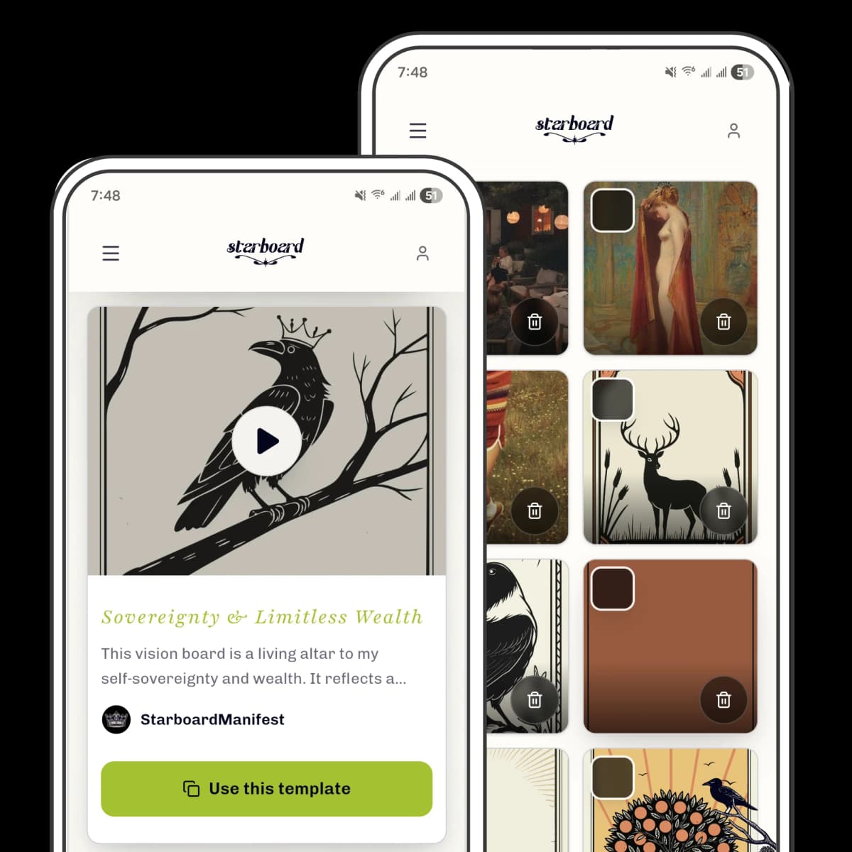 Starboard vision board app shown on two phones